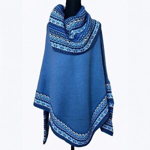 Peruvian Soul Alpaca Blend Poncho Wrap Shawl Colorful Trim Boho Chic with sleeve